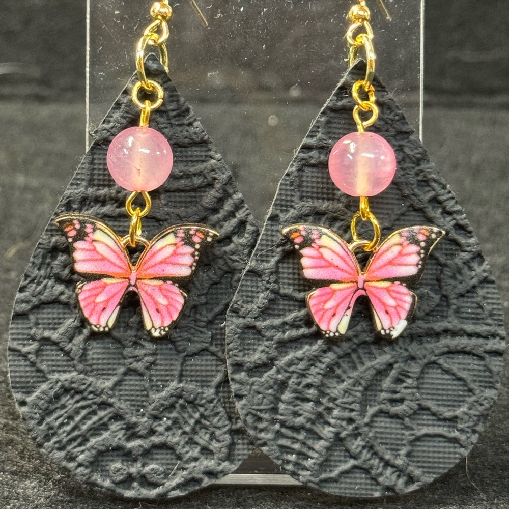 Pink With Black Faux Leather Butterfly Earrings